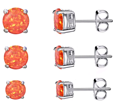 ADLIER  Fire Opal Earrings Pack 14K White Gold Plated Orange Red Opal Stud Earrings Set of 3 Pairs Hypoallergenic for Women with Sensitive Ears